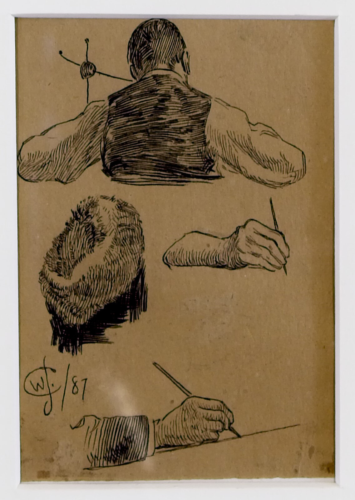 Back Torso, Man, Fur Hat, Two Hands With Pen