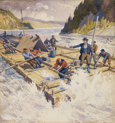 Jefferys, Charles William, 1869-1951.<br>

The first lumber raft down the Ottawa river, 1806,. <br>
Watercolour over pencil, with opaque white on commercial board