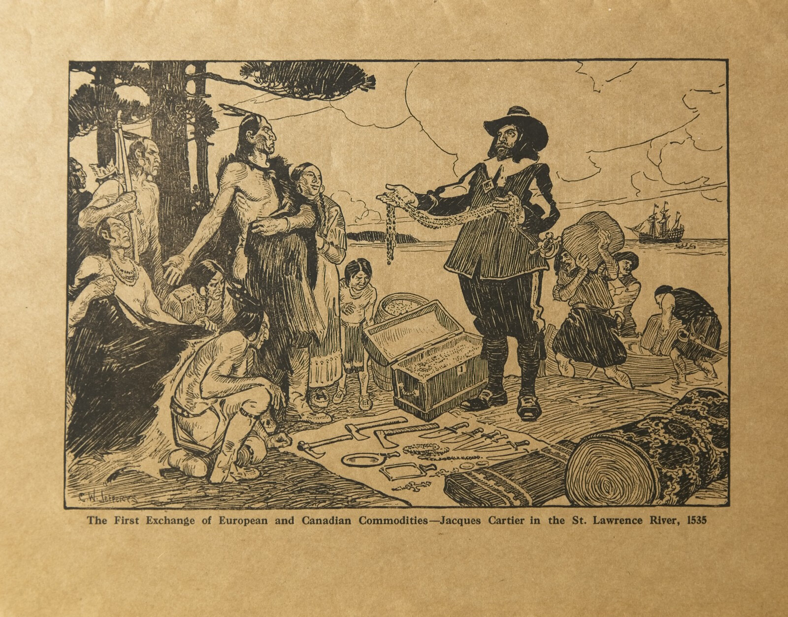 The First Exchange of European and Canadian Commodities - Jacques Cartier in the St. Lawrence River, 1535